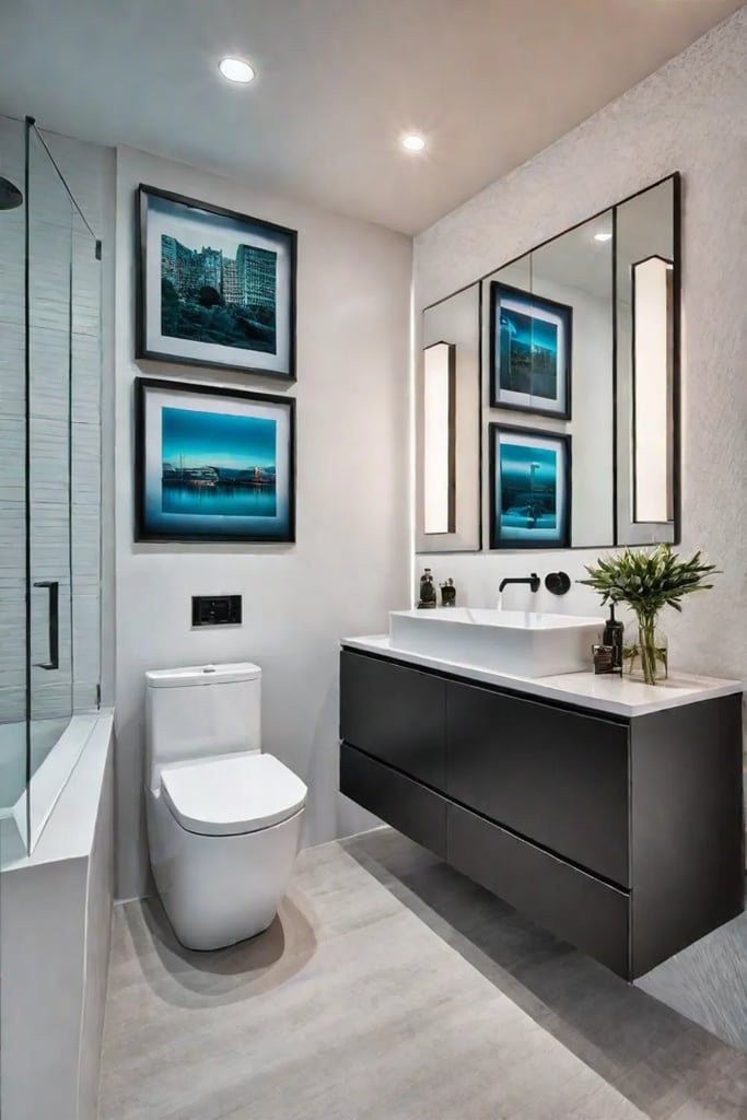 Horizontal arrangement of colorful abstract paintings in a modern bathroom