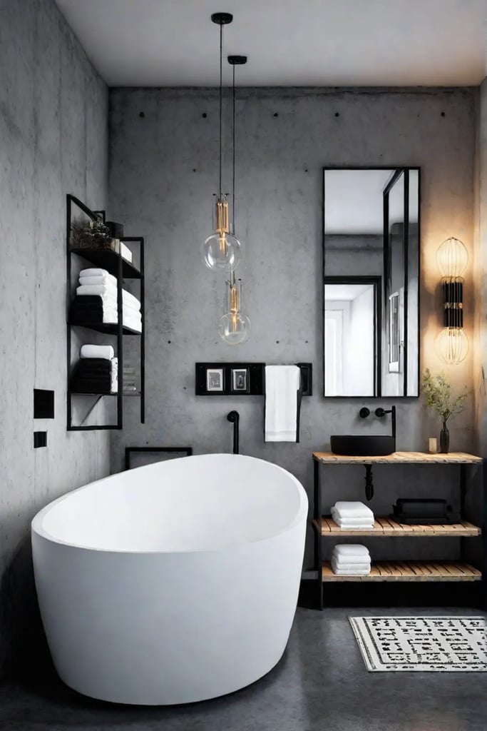 Industrial bathroom with stenciled geometric pattern and repurposed metal containers