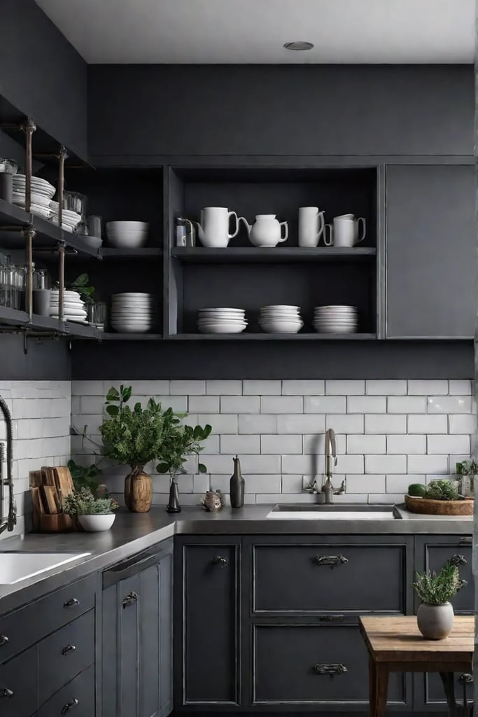 Industrial kitchen with gray cabinets open shelving and a concrete countertop