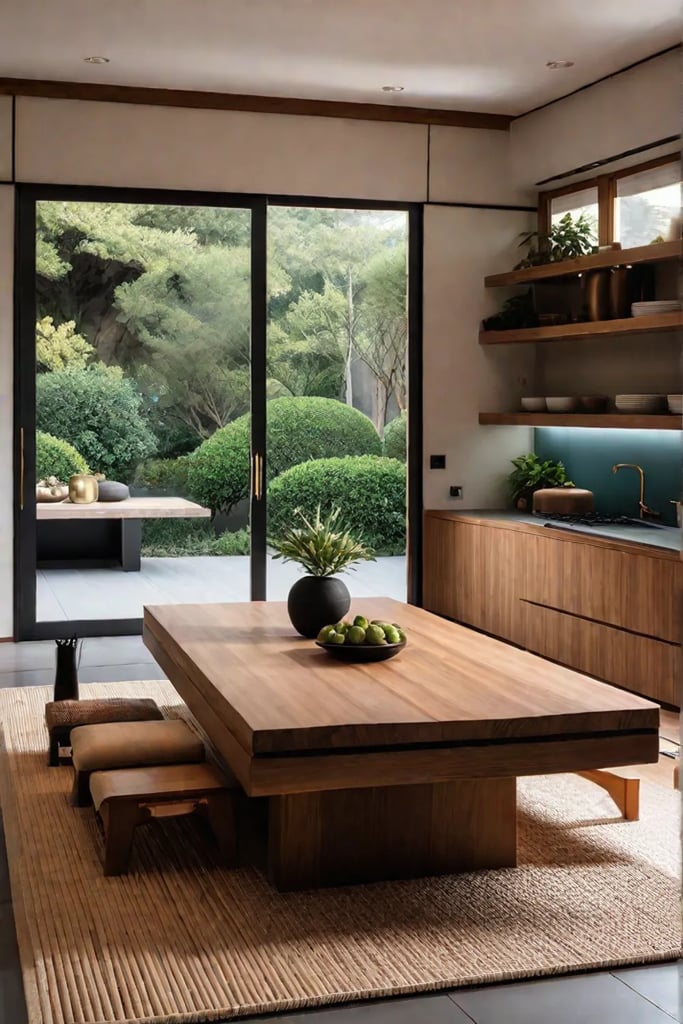 Japaneseinspired luxury kitchen with tatami mat floor and sliding door