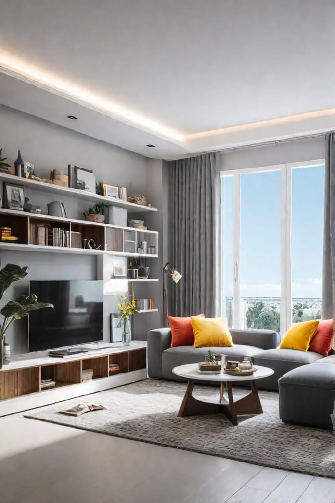 Kidfriendly living room with bright colors and storage