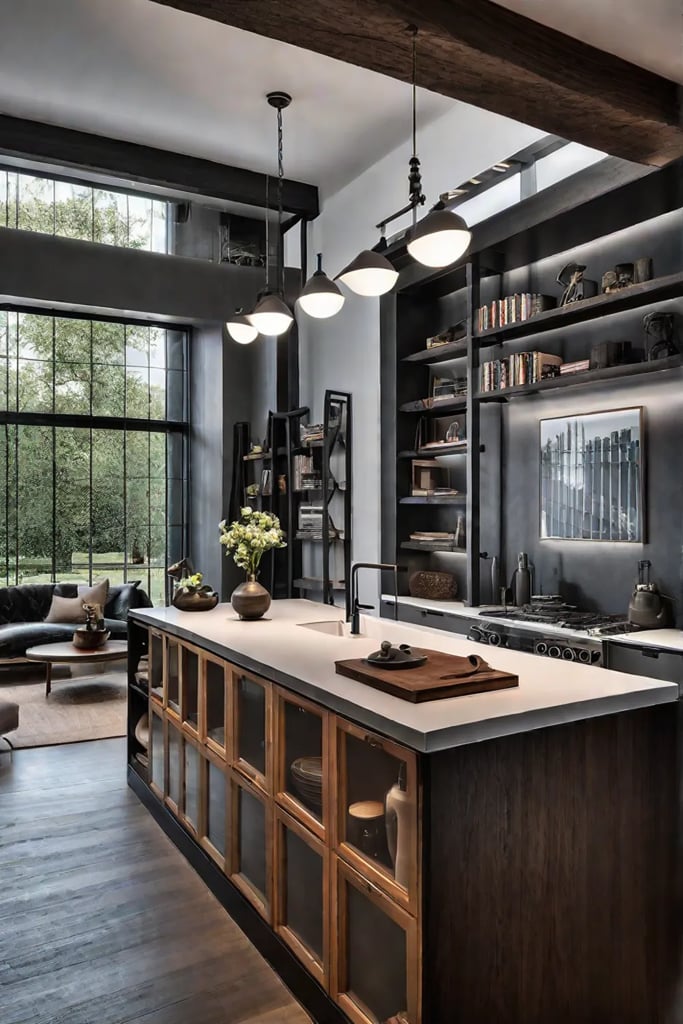Kitchen island with builtin bookshelf displaying cookbooks and magazines