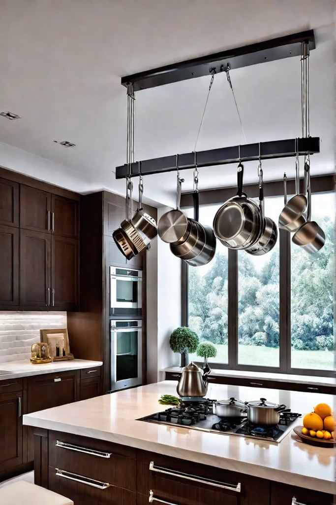 Kitchen island with builtin hanging pot rack