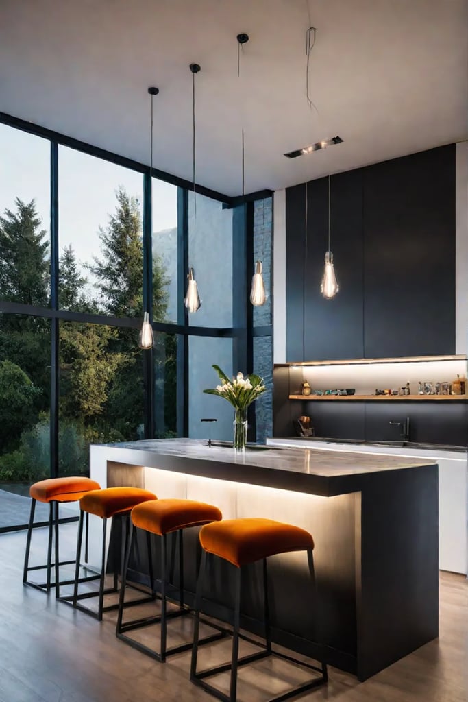 Kitchen island with waterfall countertop and bar stools
