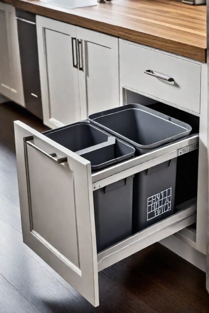 Kitchen with hidden trash and recycling bins