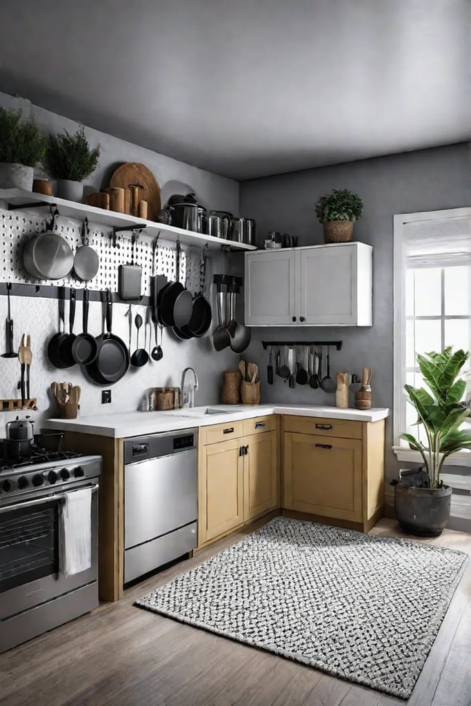 Kitchen with pegboard wall organizer
