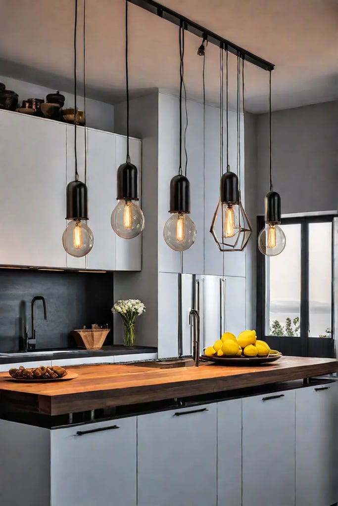 Kitchen island illuminated by pendant lights