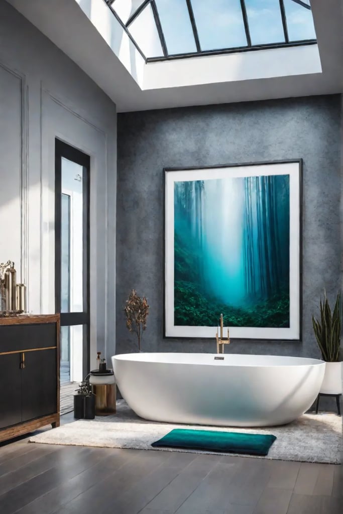 Largescale abstract painting in a bathroom with high ceilings