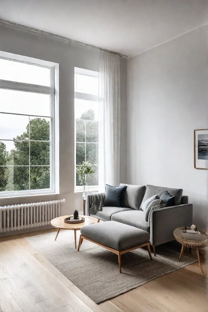 Light and airy Scandinavian living room with white walls and light wood