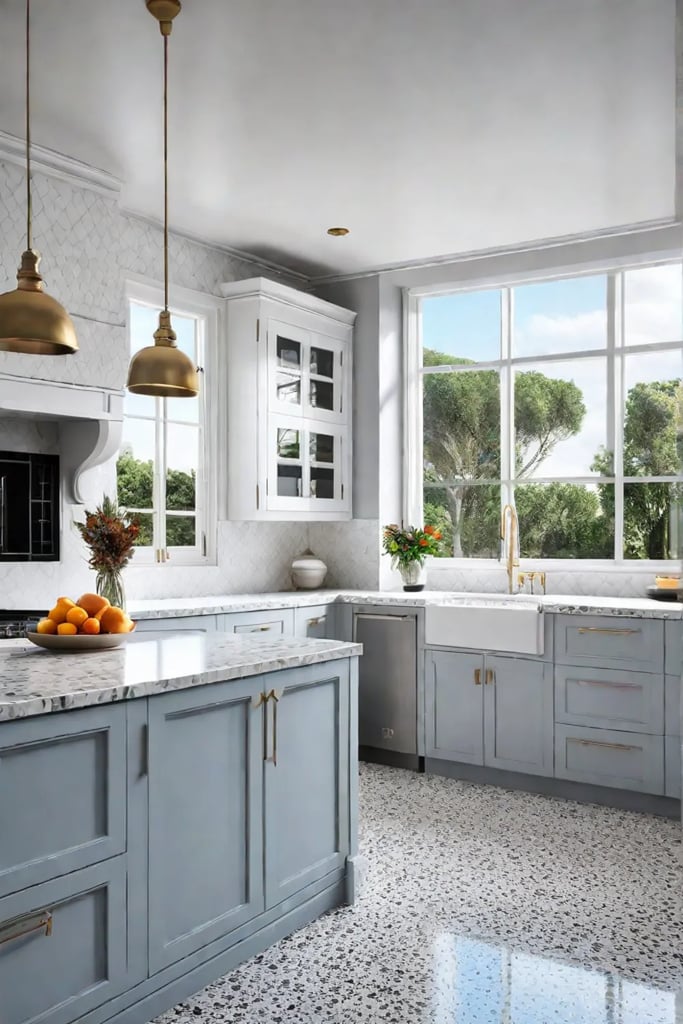 Lively kitchen with terrazzo countertops and white cabinets
