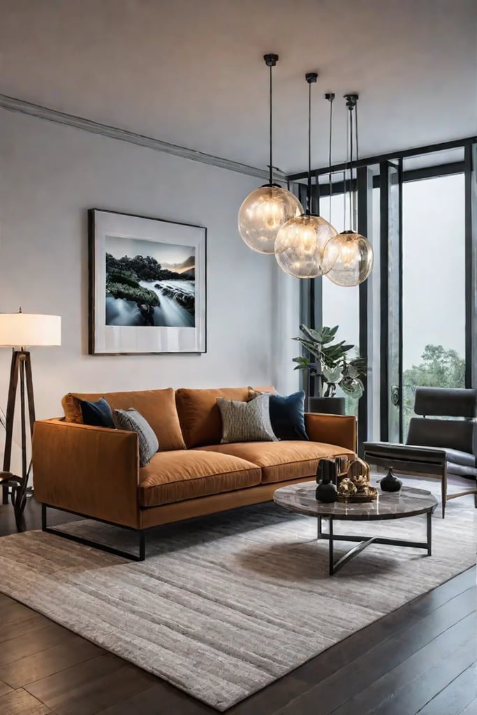 Living room showcasing artwork and sculptures