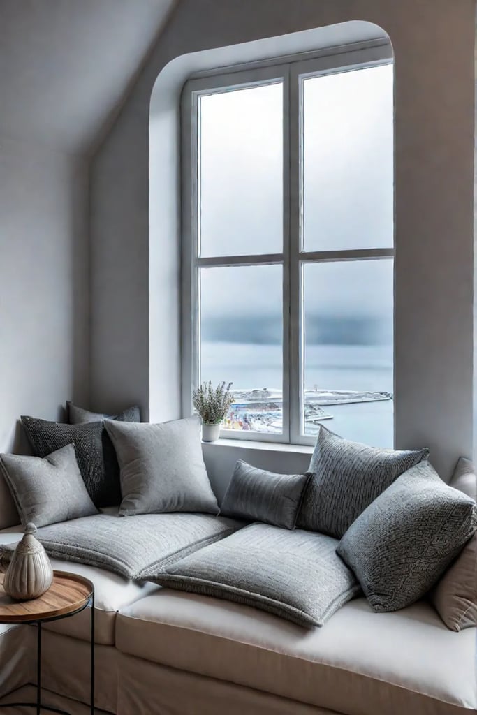 Living room with a cozy window seat and cushions