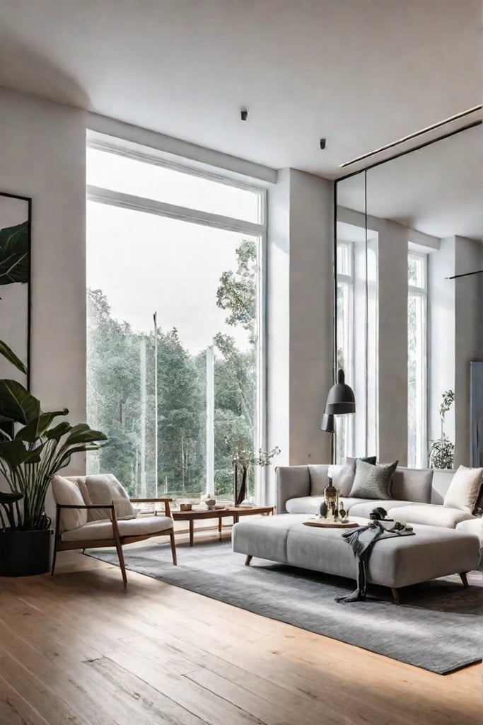 Living room with a large mirror reflecting natural light
