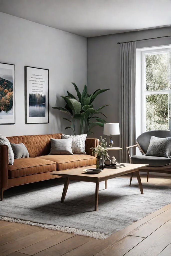 Living room with a neutral color palette and pops of color