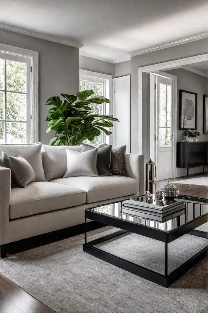 Living room with light colors reflective surfaces and textured fabrics to enhance