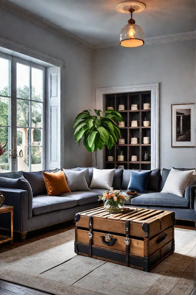 Living room with repurposed everyday objects used as furniture