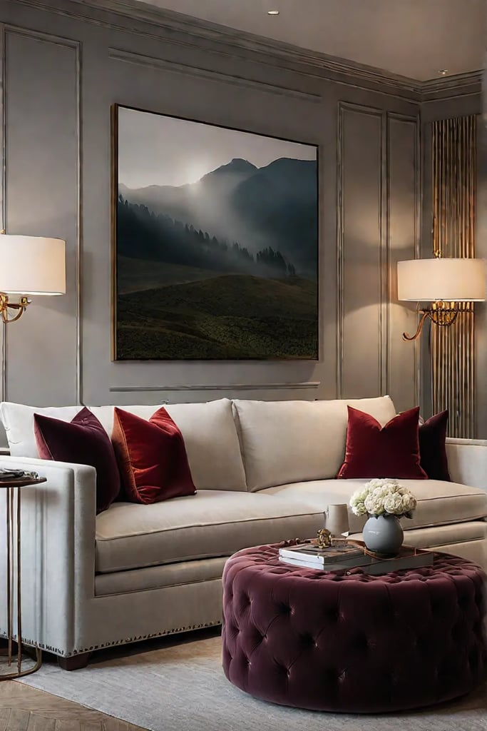 Living room with warm lighting and velvet furniture