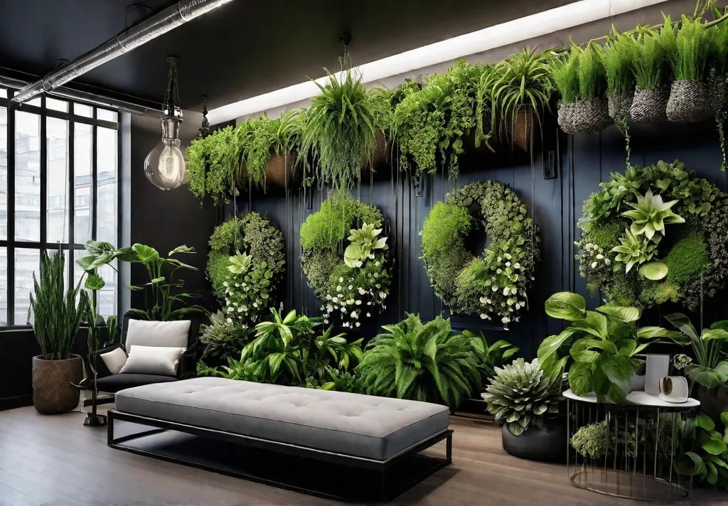 Lush vertical garden with cascading vines and hanging baskets showcasing the beautyfeat