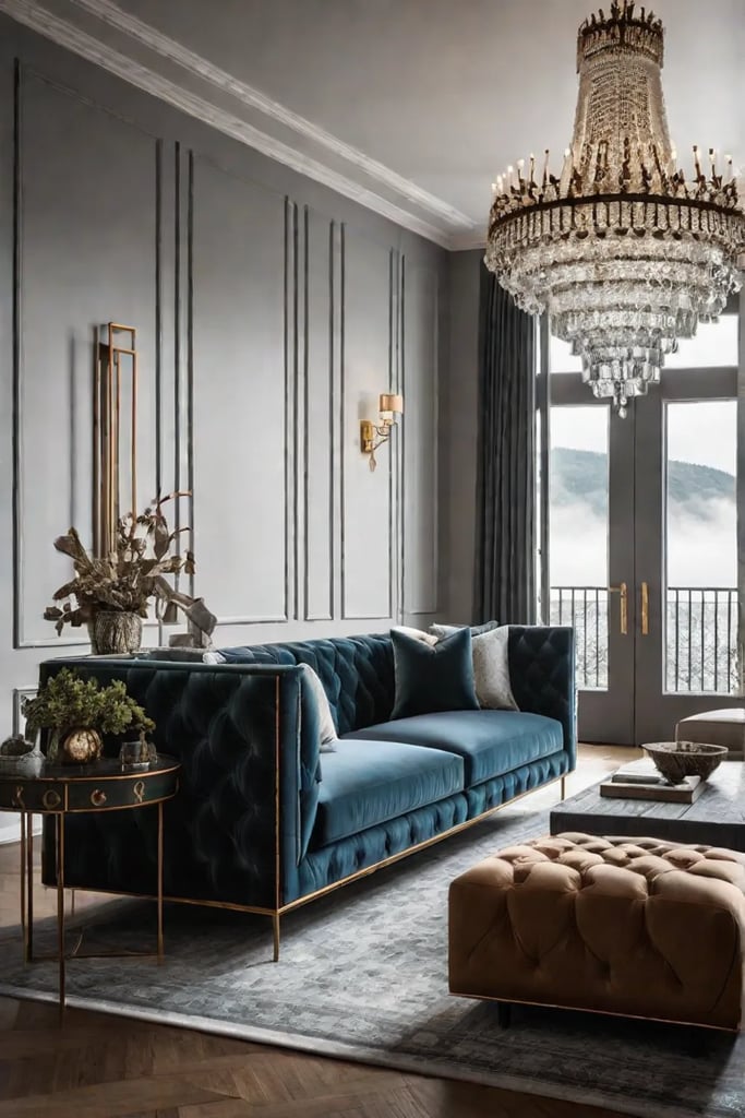 Luxurious living room with recycled glass chandelier and ecofriendly sofa