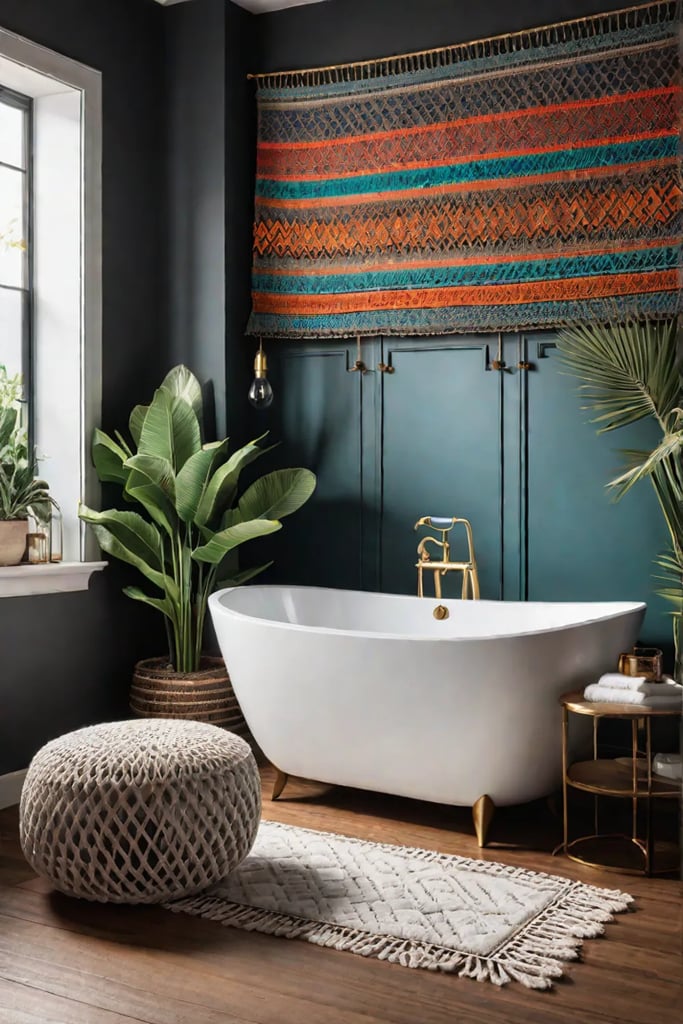 Macrame wall hanging in a bohostyle bathroom