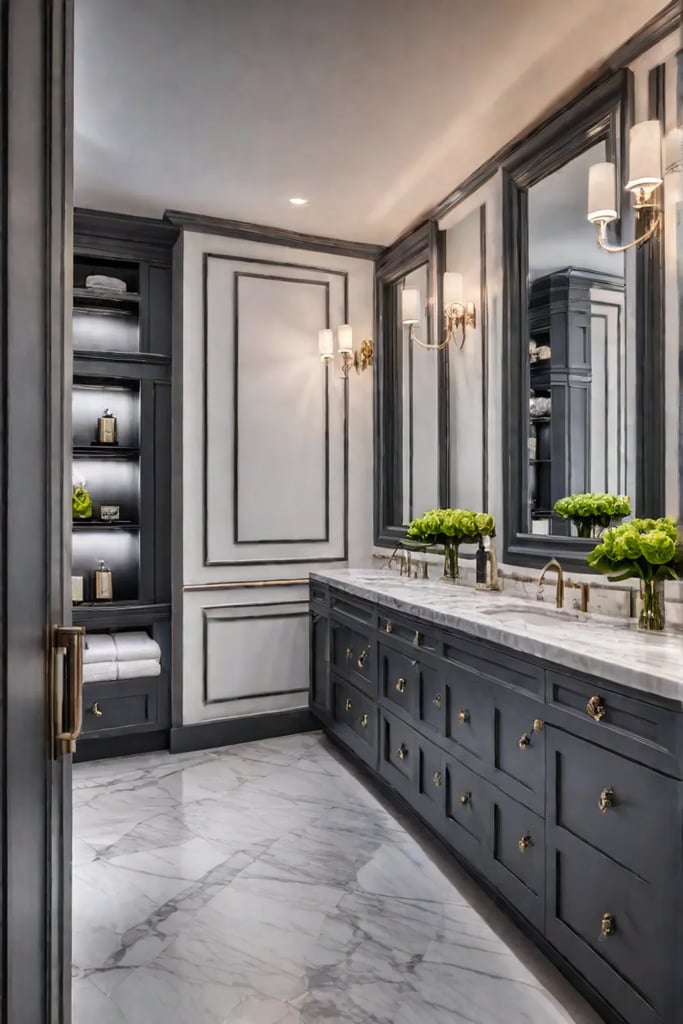 Marble bathroom vanity with undermount sinks and wall sconces
