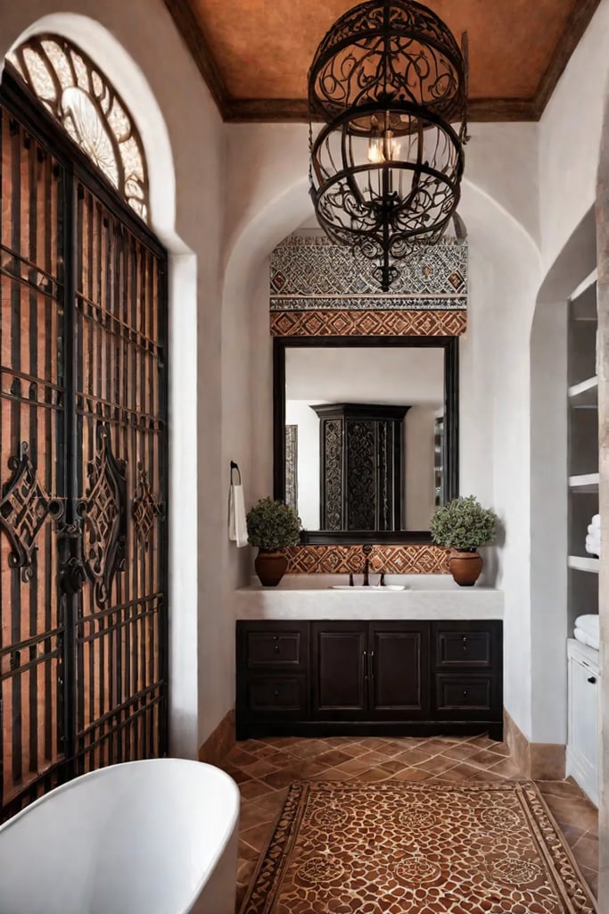 Mediterranean bathroom with terracotta tiles and mosaic mirror