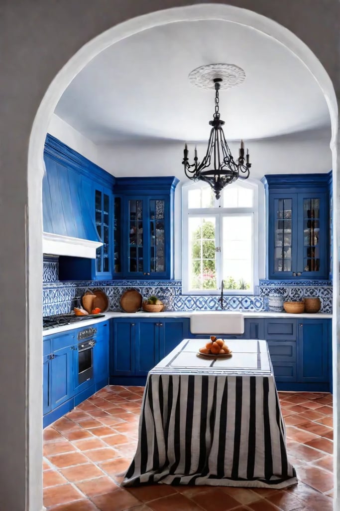 Mediterranean luxury kitchen with blue and white tiles and terracotta floor