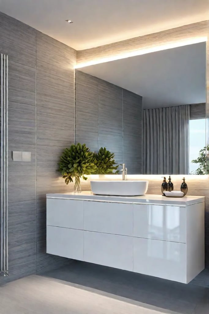 Minimalist bathroom with a large rectangular mirror over the vanity