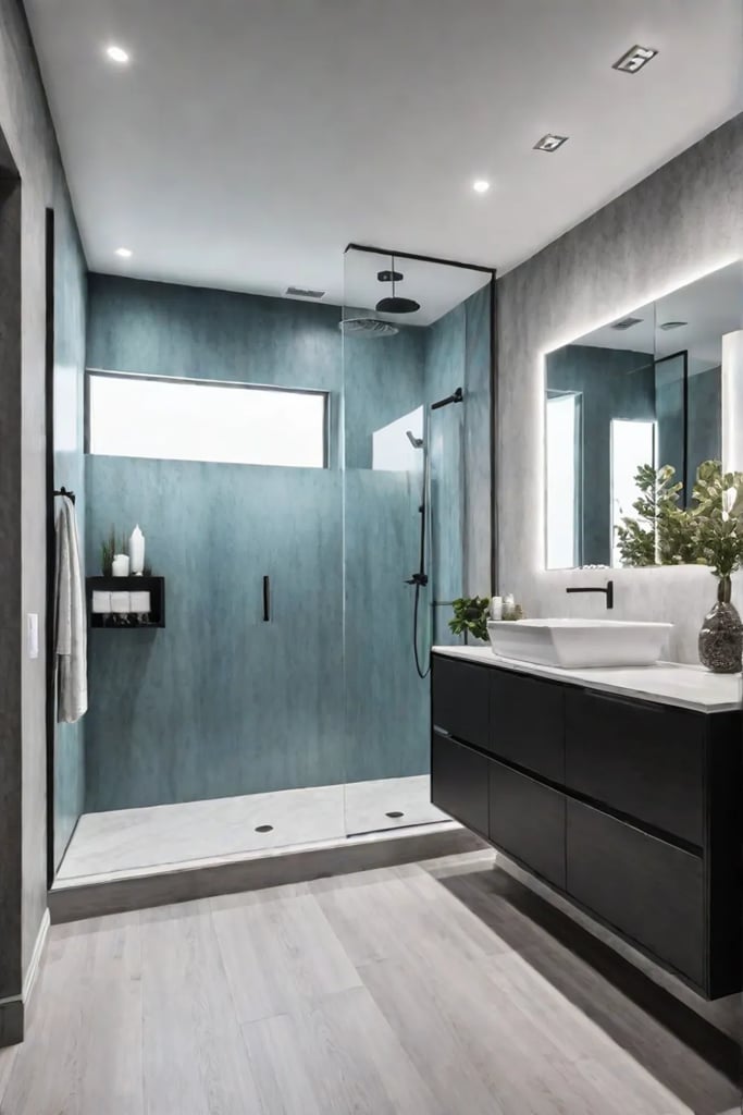 Minimalist bathroom with white walls and floating vanity