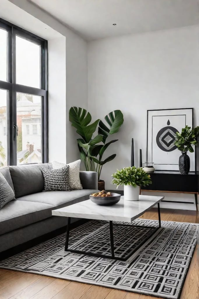 Minimalist living room with geometric patterns and natural elements