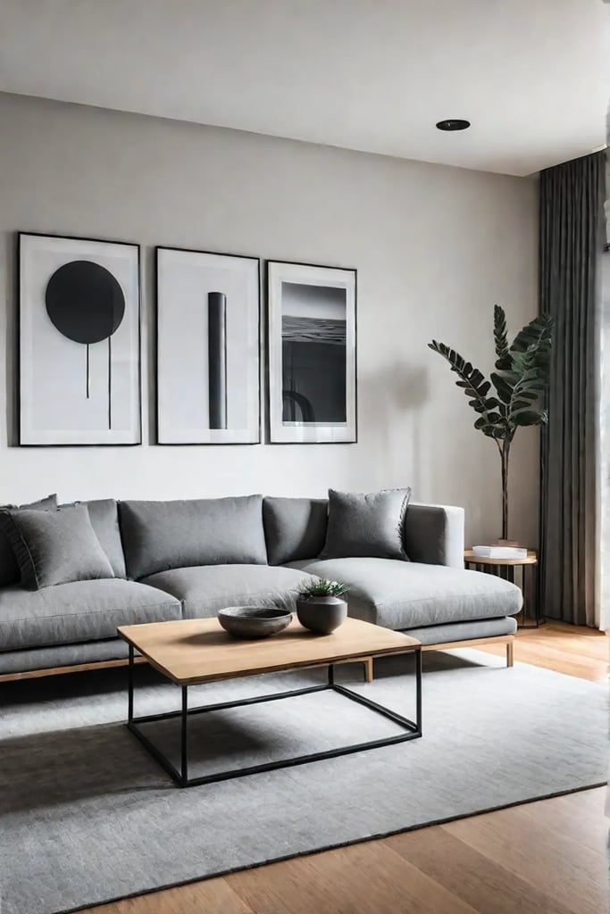 Minimalist living room with neutral colors lowprofile sofa and floating shelves