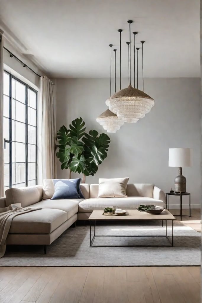 Minimalist living room with recycled plastic sofa and linen armchairs