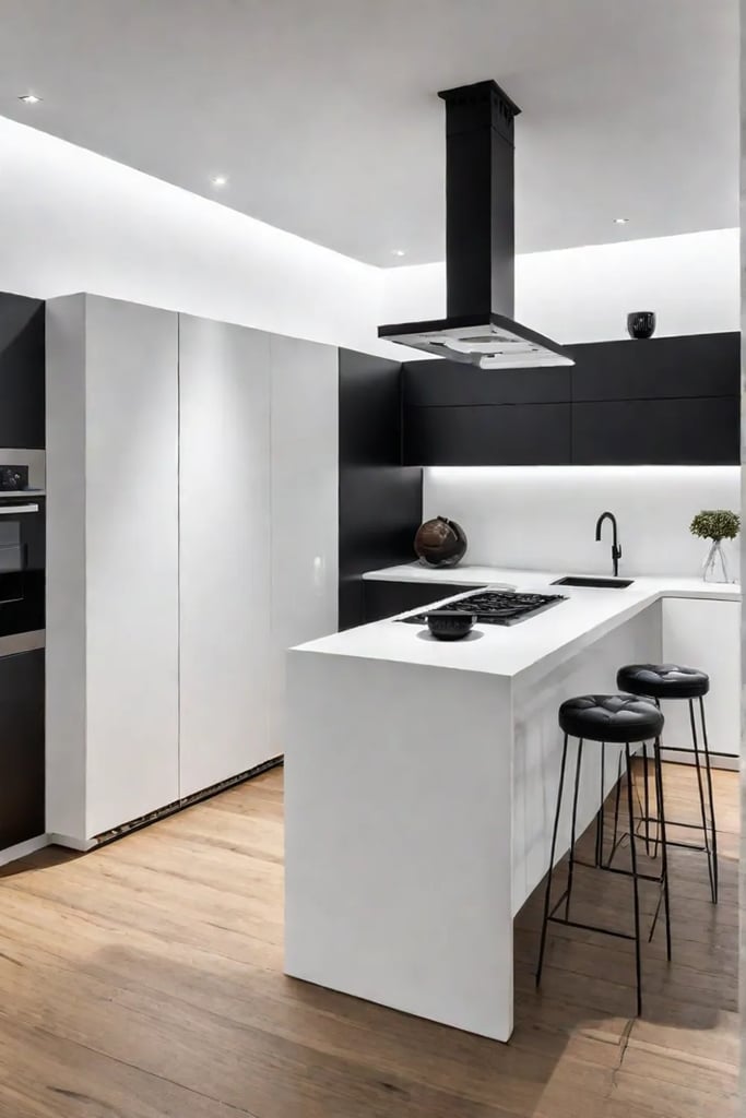 Minimalist luxury kitchen with white walls and black countertops