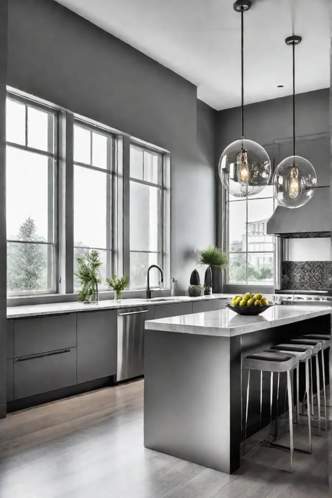 Minimalist pendant lights illuminating a kitchen island in a modern setting