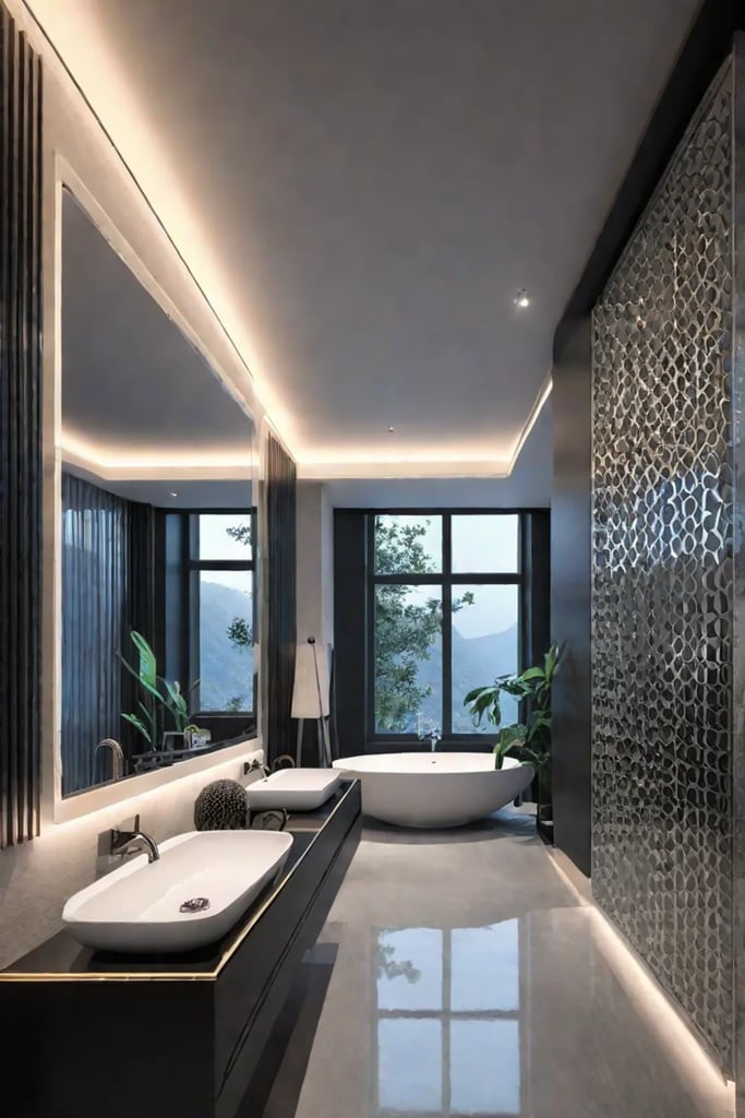 Mirrored wall art in a glamorous bathroom