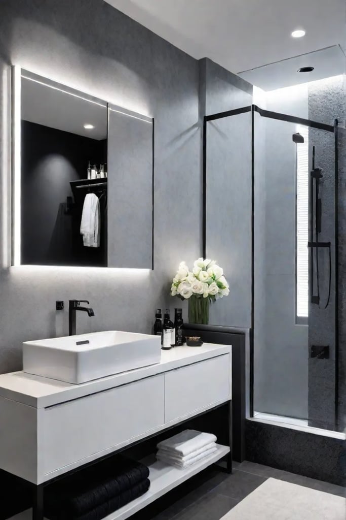 Modern bathroom vanity with bold black and white contrasts