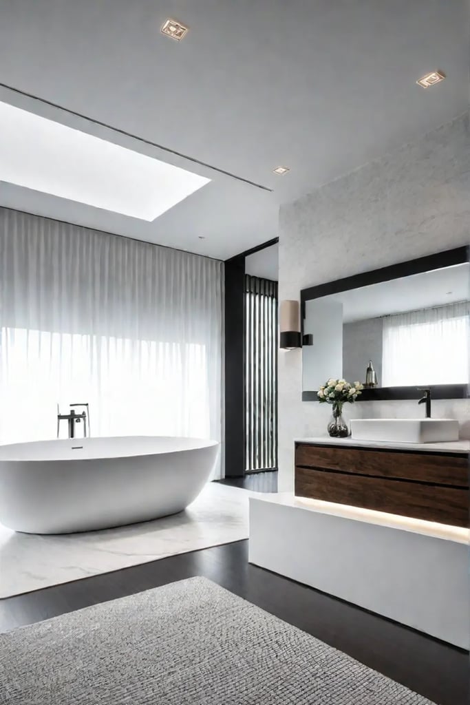 Modern bathroom with floating vanity and freestanding bathtub