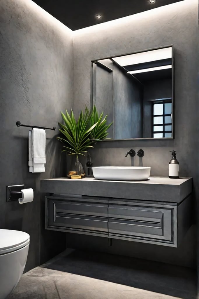 Modern bathroom with geometric metal wall sculpture