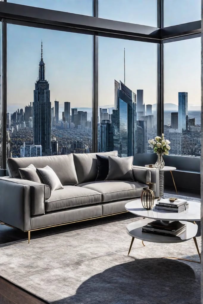 Modern living room with city views and metallic accents