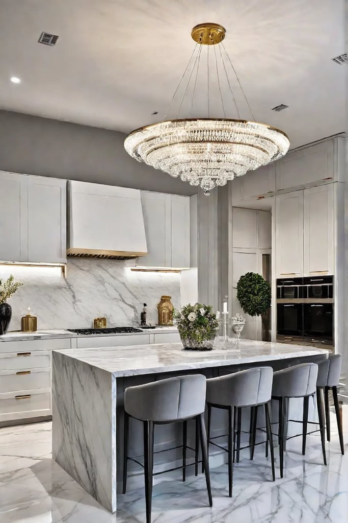 Modern luxury kitchen with white cabinets and marble countertops