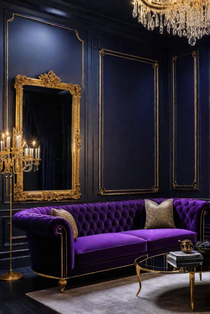 Moody and dramatic living room with rich textures and statement lighting