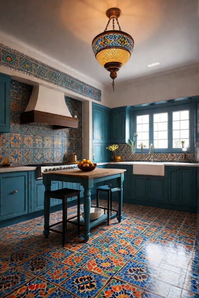 Moroccaninspired luxury kitchen with colorful tiles and mosaic backsplash