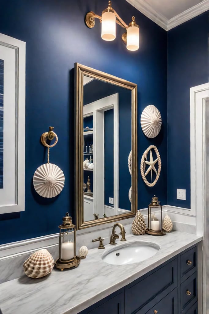 Nauticalthemed bathroom with framed seashells and a ropewrapped mirror