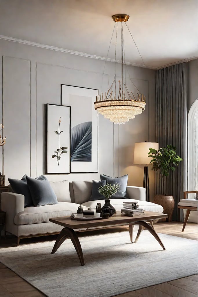 Neutraltoned living room with natural light and layered lighting