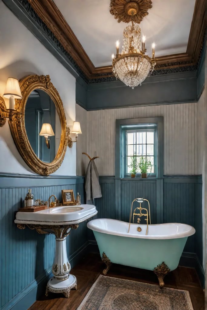 Ornate gilded mirror in a bathroom with a clawfoot tub