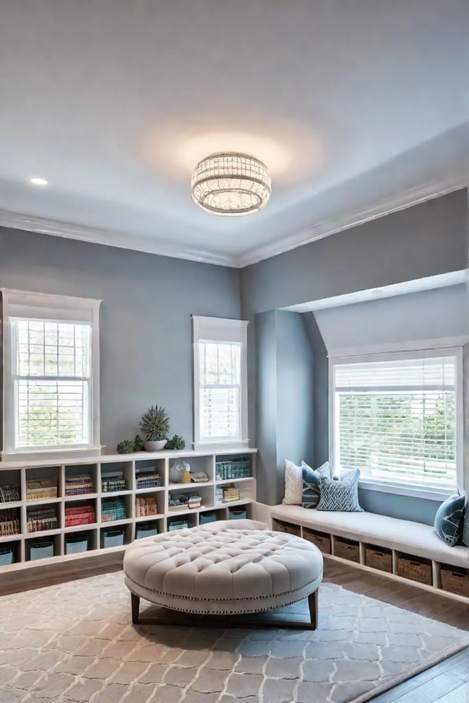 Playroom reading nook with storage drawers
