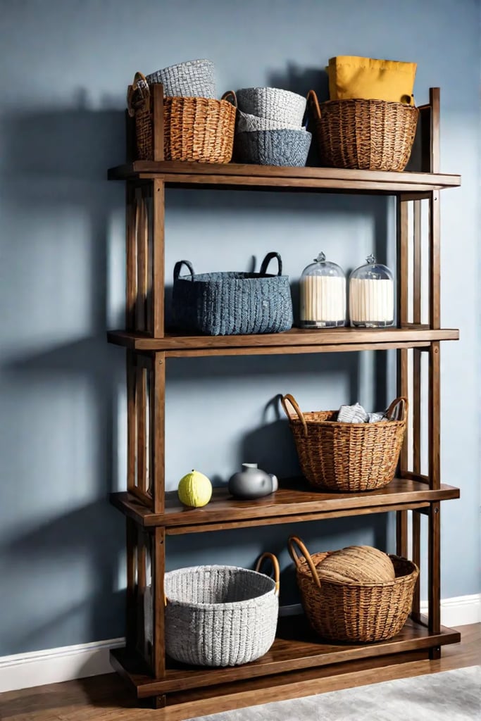 Playroom with wooden shelving unit and baskets