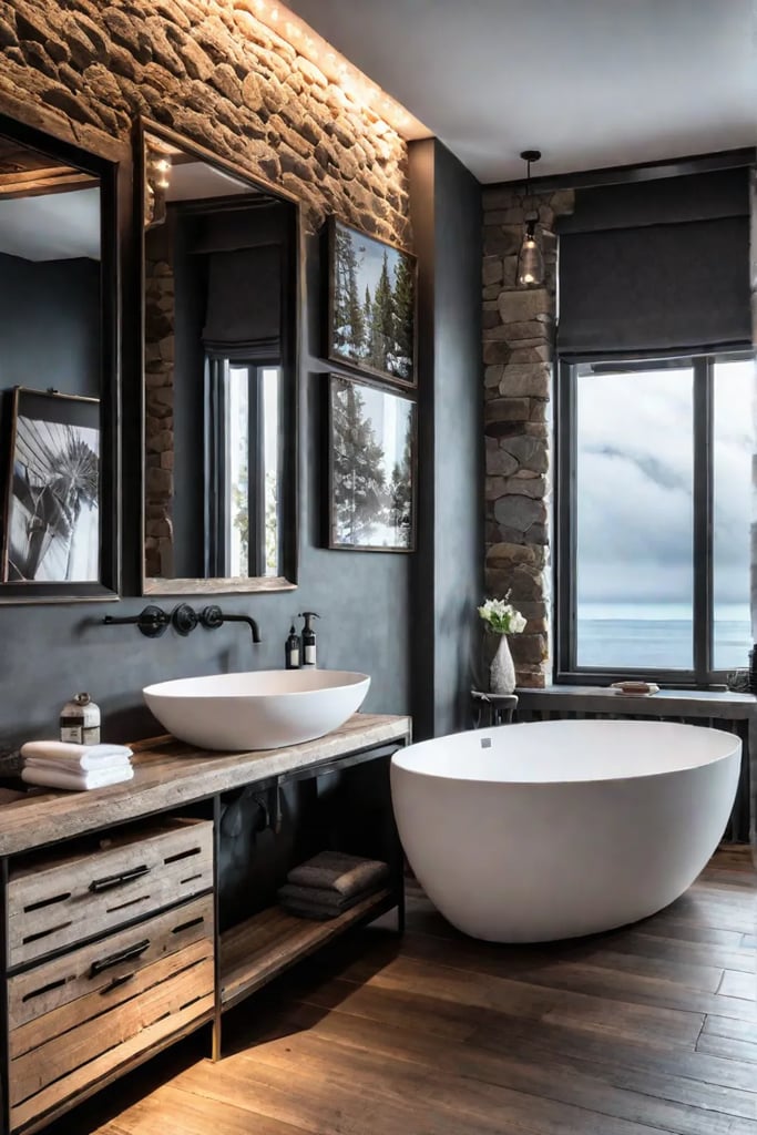 Reclaimed wood wall art in a rustic bathroom