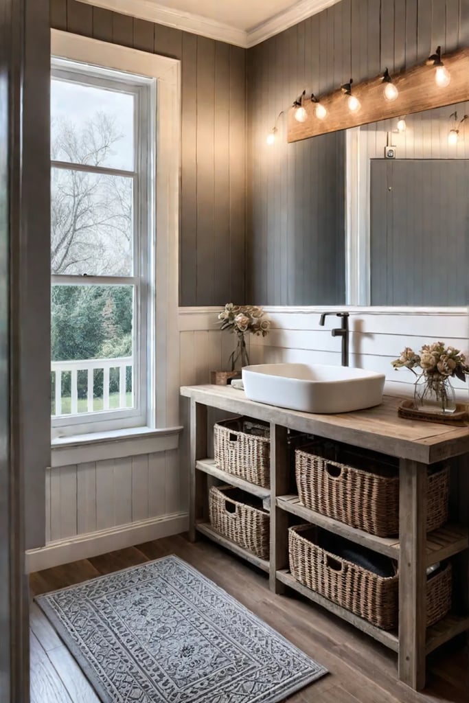 Rustic bathroom vanity with woven storage baskets