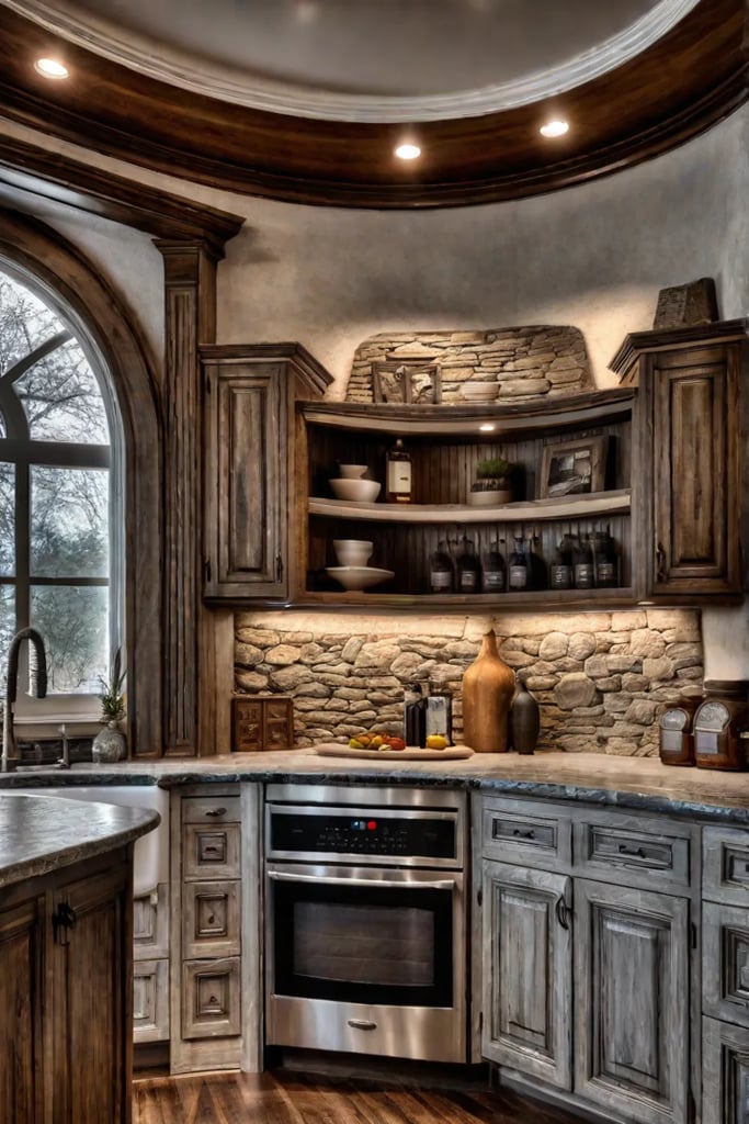 Rustic kitchen corner cabinet with halfcircle Lazy Susan for oil and vinegar